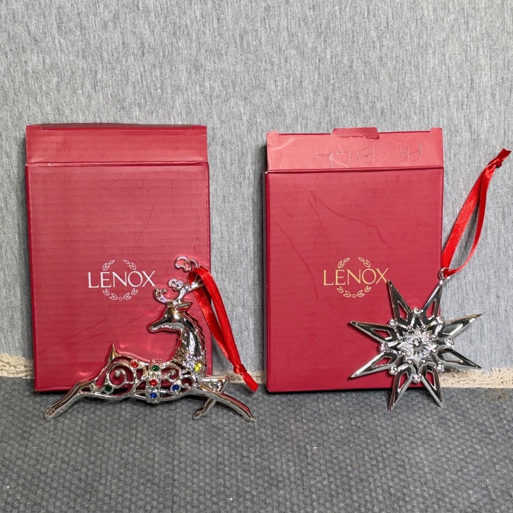 Holiday Lenox Silver Tone Jeweled Reindeer and Star Christmas Ornament with Box